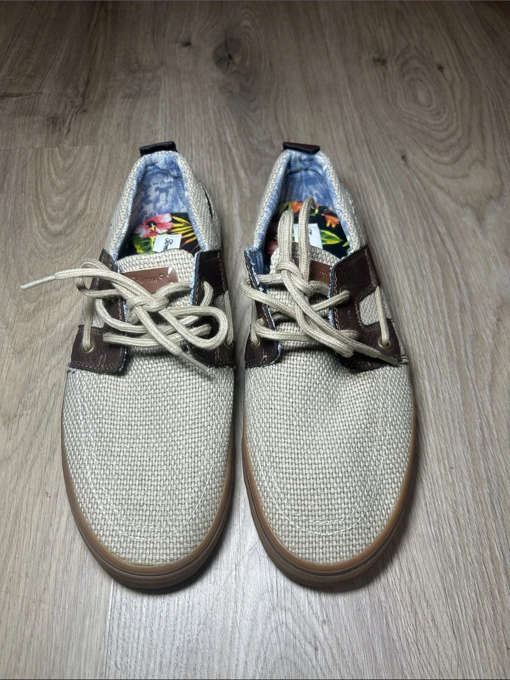 Tommy Bahama Beige and Brown Canvas Lace-Up Boat Shoes